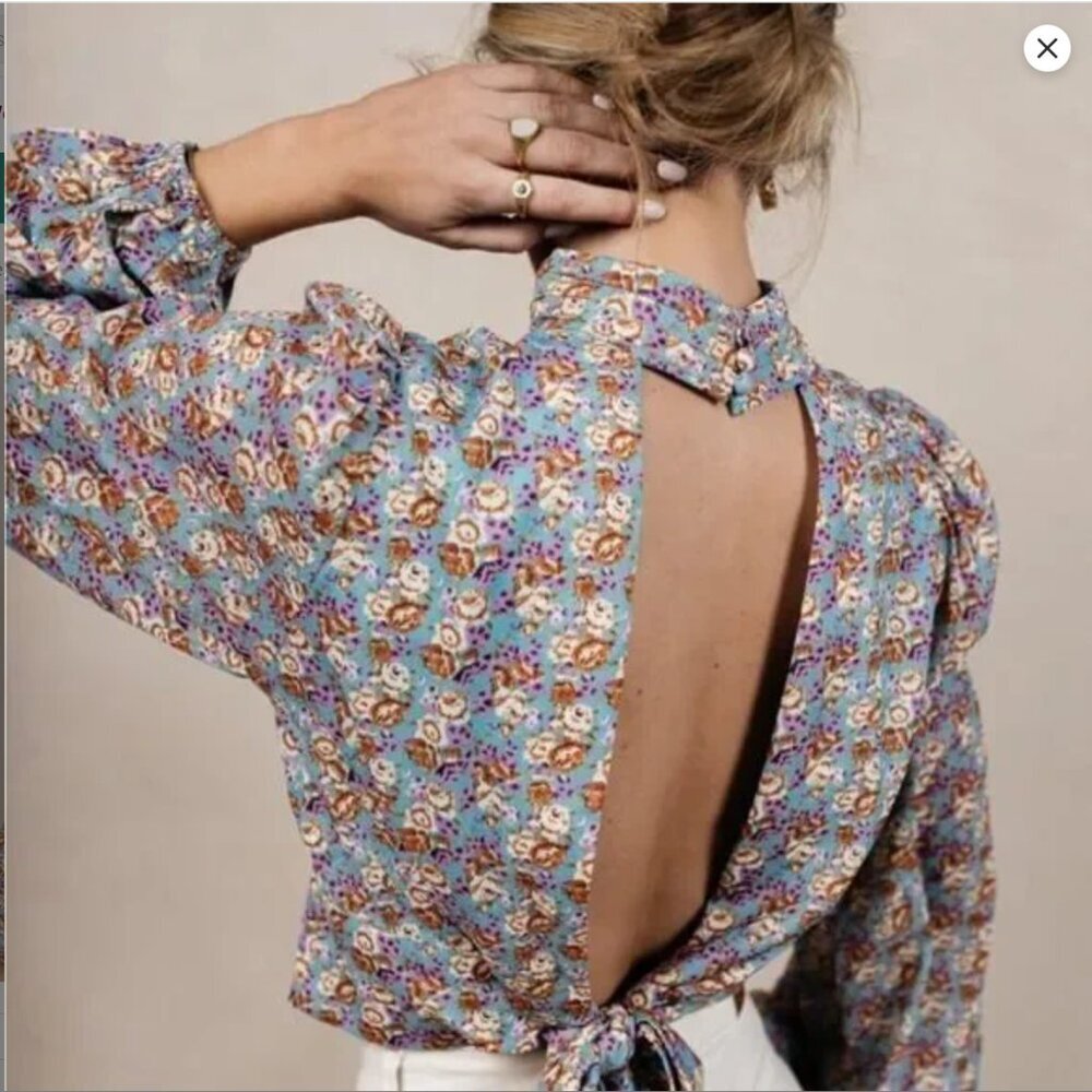 NWT Bohme Women's Small Brissa Floral High Neck Open Back Tie Blouse - Picture 4 of 16